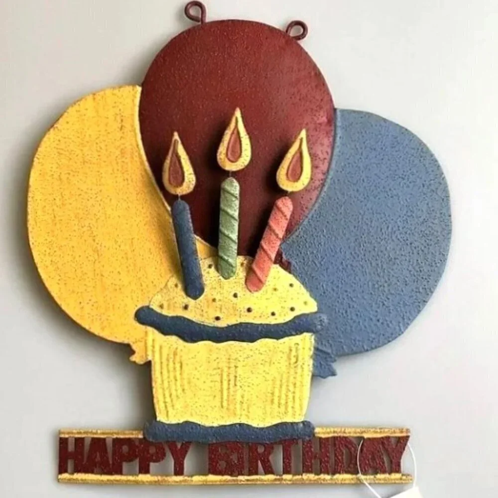 VINTAGE METAL HAPPY BIRTHDAY SIGN BALLOONS CANDLES KEEP SAKE